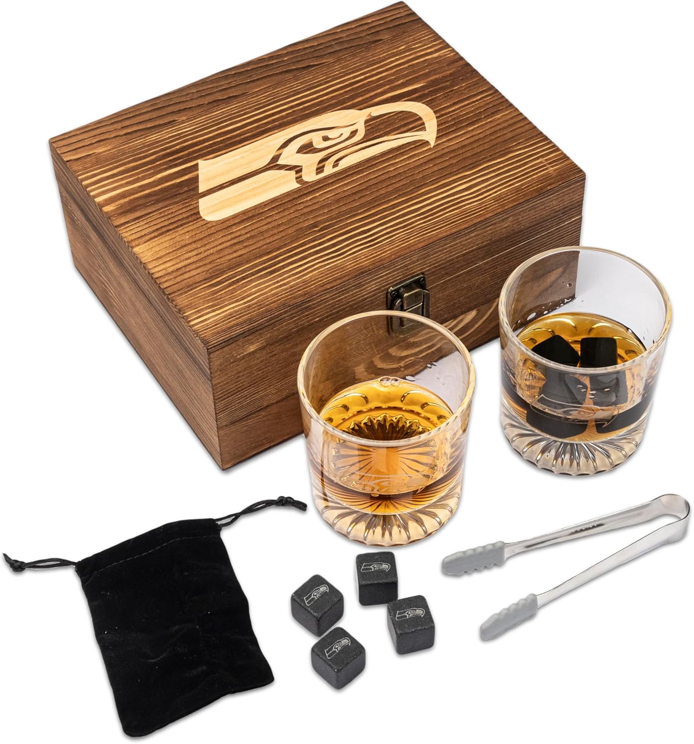NFL Wood Boxed Drinkware Set with Rocks Glasses for Seahawks Fans