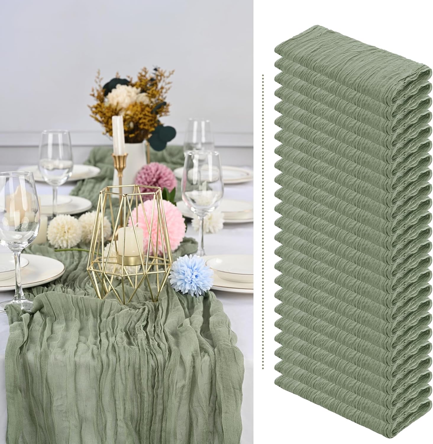 24 Pack Sage Green Cheesecloth Table Runner for Elegant Decor