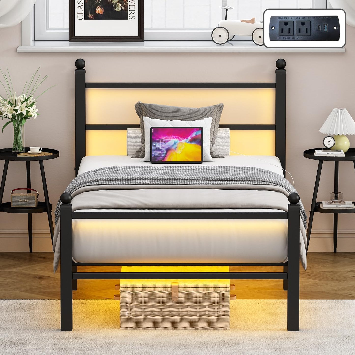 Sturdy Twin Bed Frame with RGB LED Lights and USB Charging