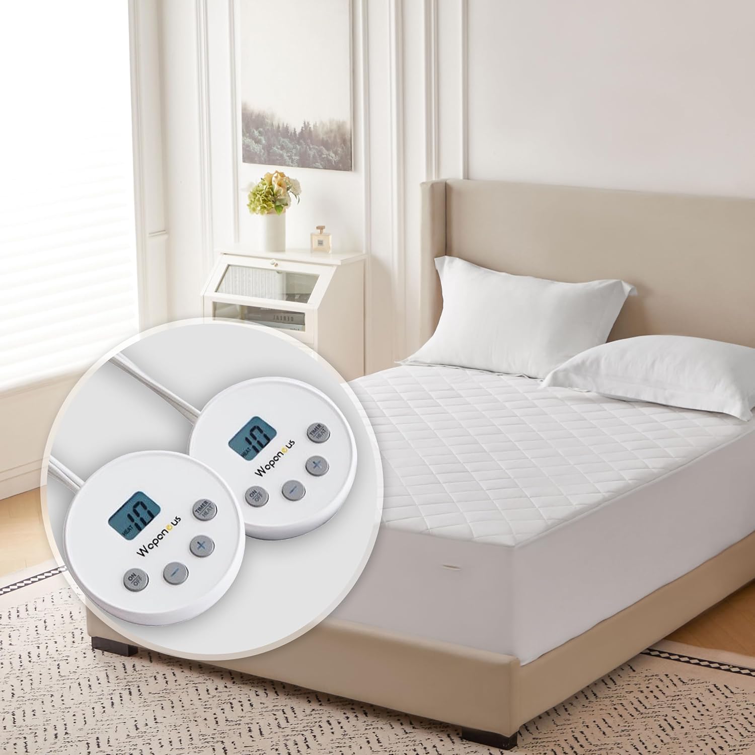 Wapaneus Heated Mattress Pad Queen Size with Dual Control & Timer