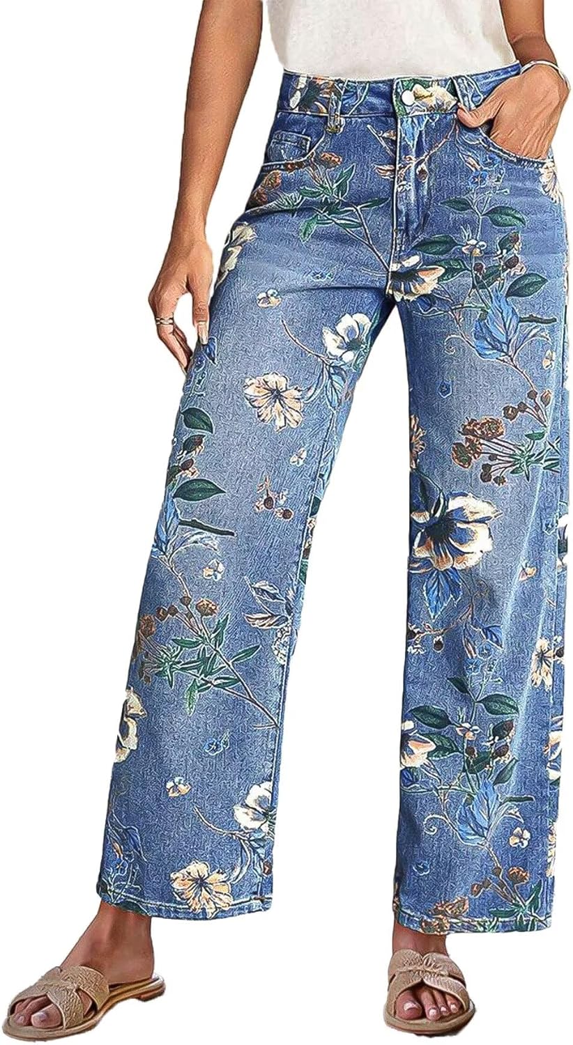 Flamingals High-Rise Vintage Floral Straight Leg Pants for Women