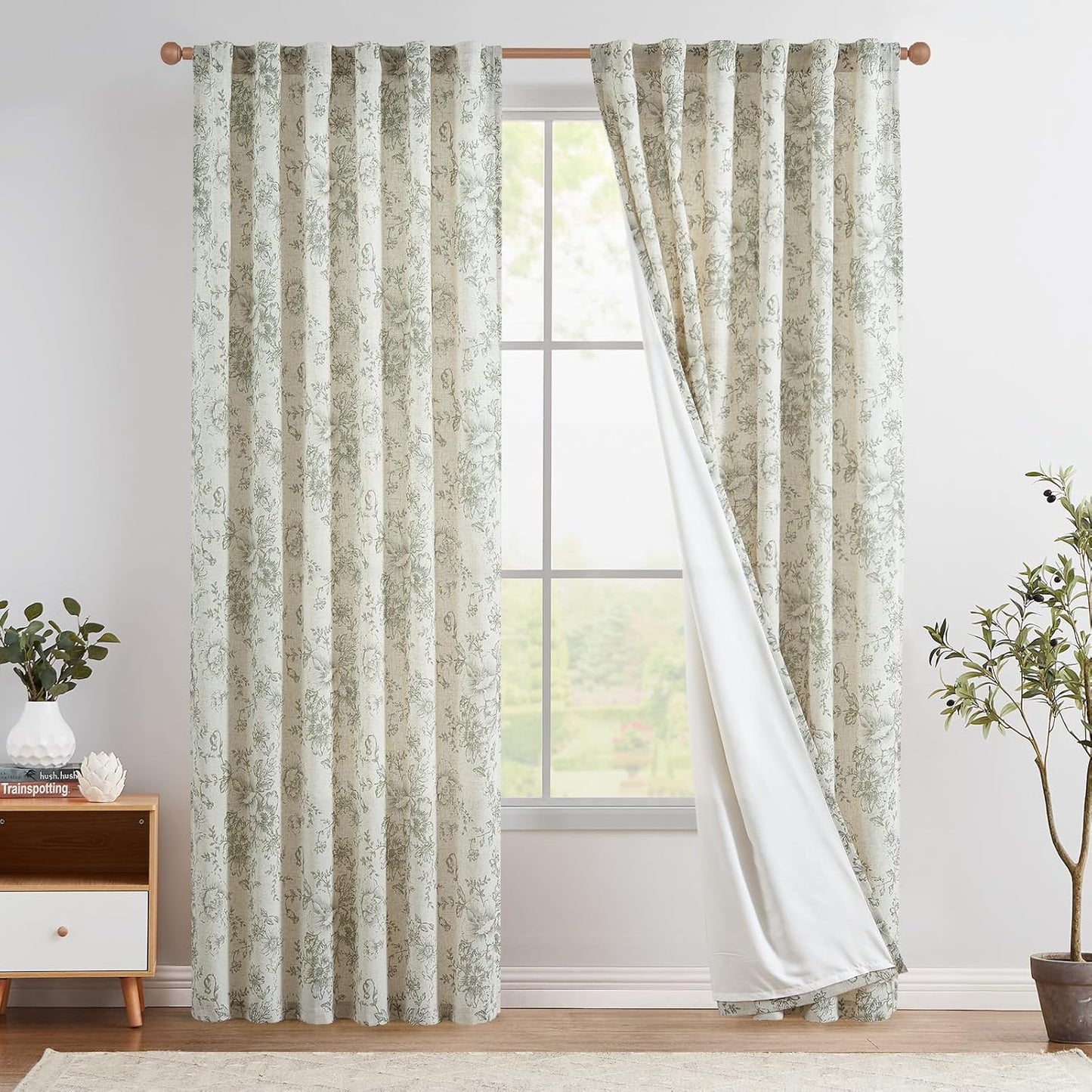 Floral Linen Blend Curtains for Living Room 84in Long Green Peony