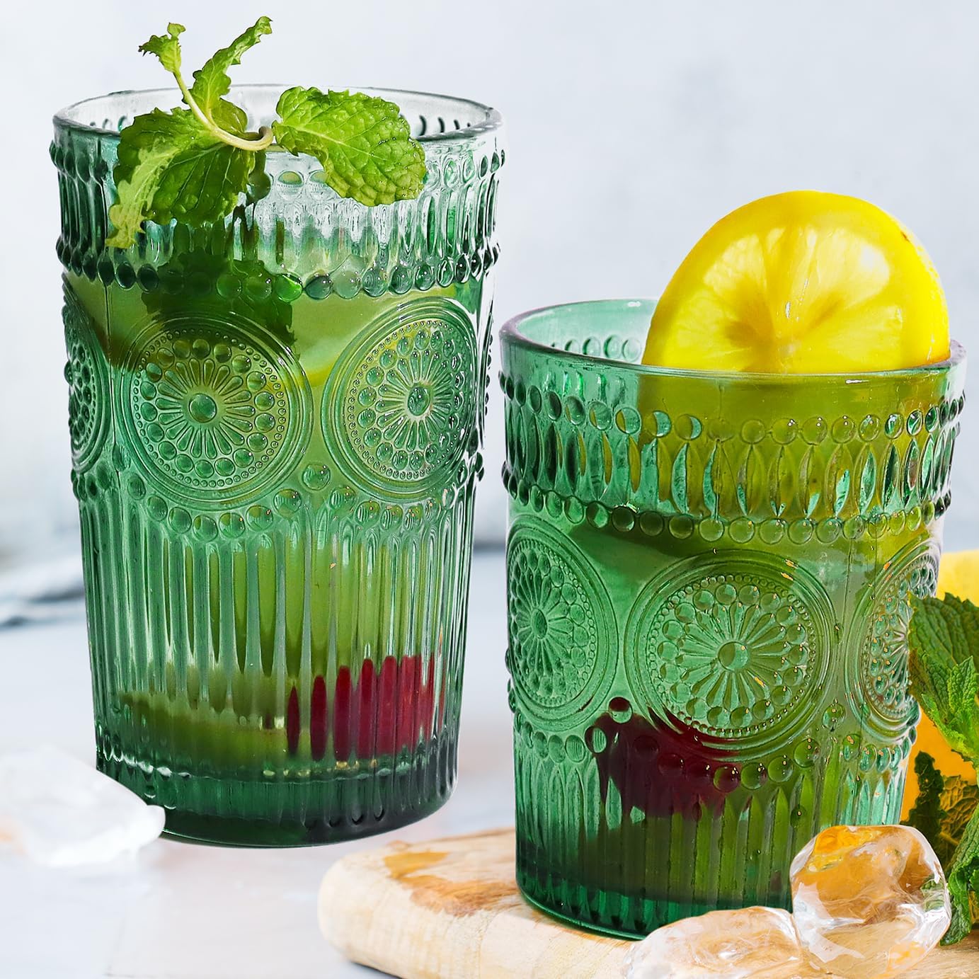 Vintage Drinking Glasses Set - 12pcs Highball & Ribbed Cups