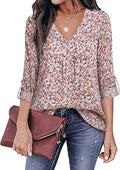 Youtalia Womens 3/4 Cuffed Sleeve Chiffon V Neck Blouse - Flowy Tunic