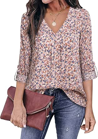 Youtalia Womens 3/4 Cuffed Sleeve Chiffon Blouse for All Seasons