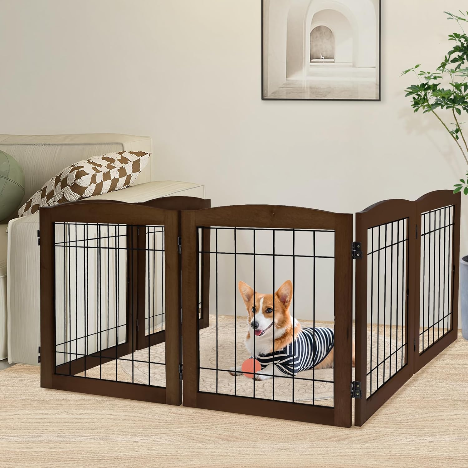 LZRS 6-Panel Extra Wide Wooden Freestanding Dog Gate for Pets