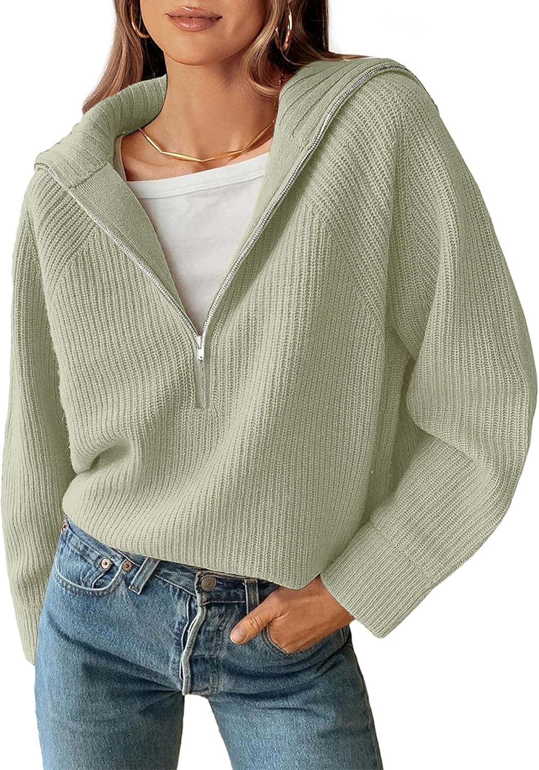 BTFBM Womens Quarter Zip Pullover V Neck Sweater for Fall