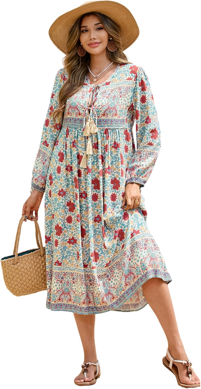 R.Vivimos Women's Long Sleeve Floral Print Bohemian Midi Dress