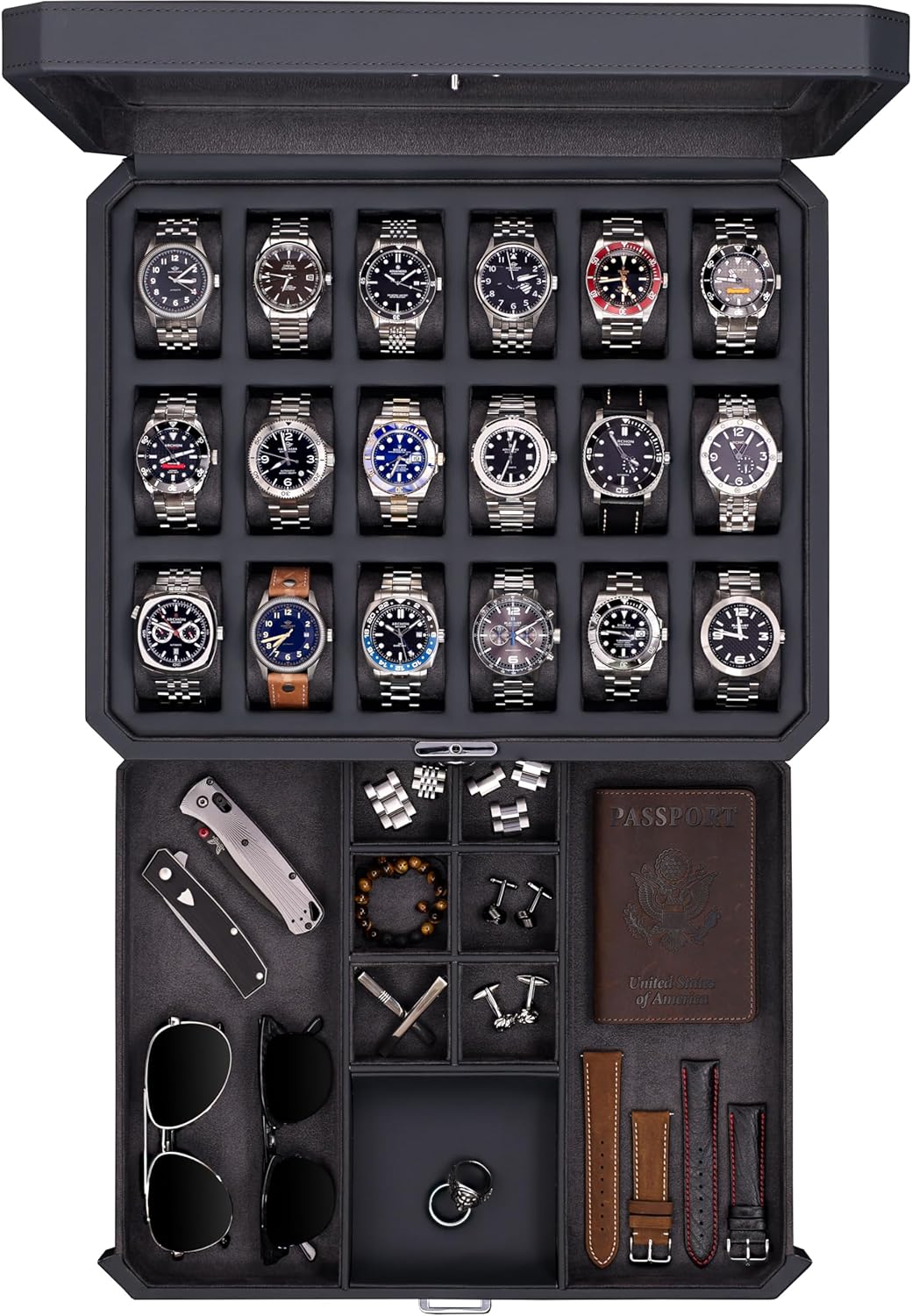 ROTHWELL Luxury Watch Case: 18-Slot Display with Drawer