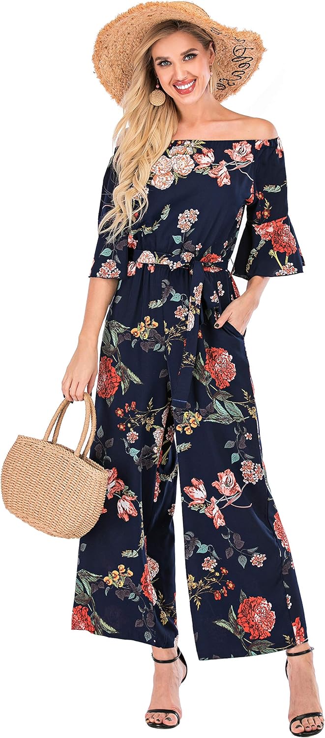 Floral Off Shoulder Wide Leg Jumpsuit for Women 2025 Casual Outfit