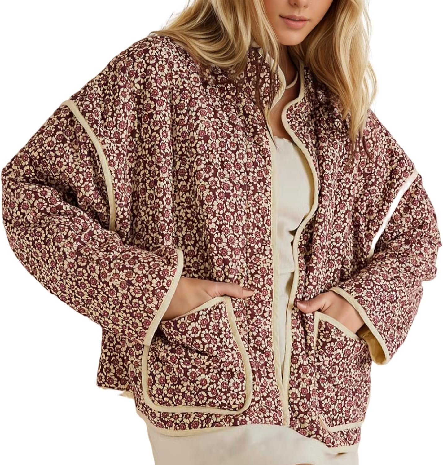 YKR Women's Cropped Puffer Jacket with Floral Print Design