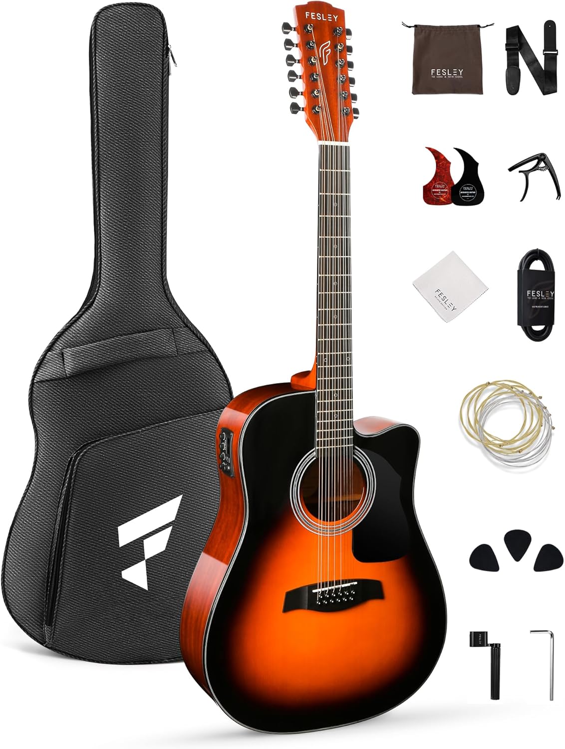 Fesley 12 String Acoustic Electric Guitar Bundle