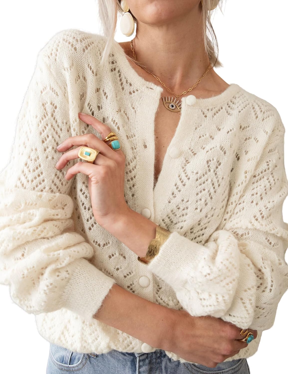 Womens Lightweight Crochet Cardigan Long Sleeve Openwork Knit Sweater