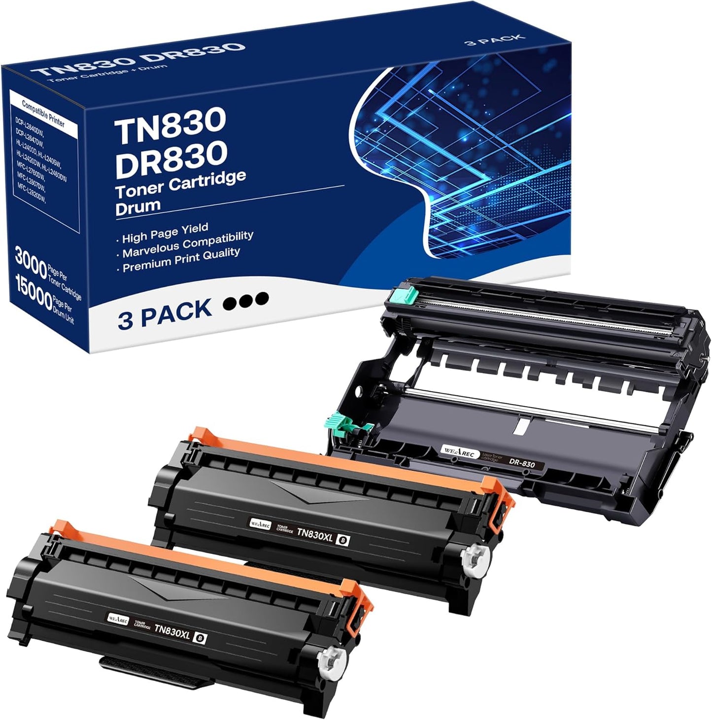 TN830XL Toner Cartridge and DR830 Drum Unit for Brother Printers
