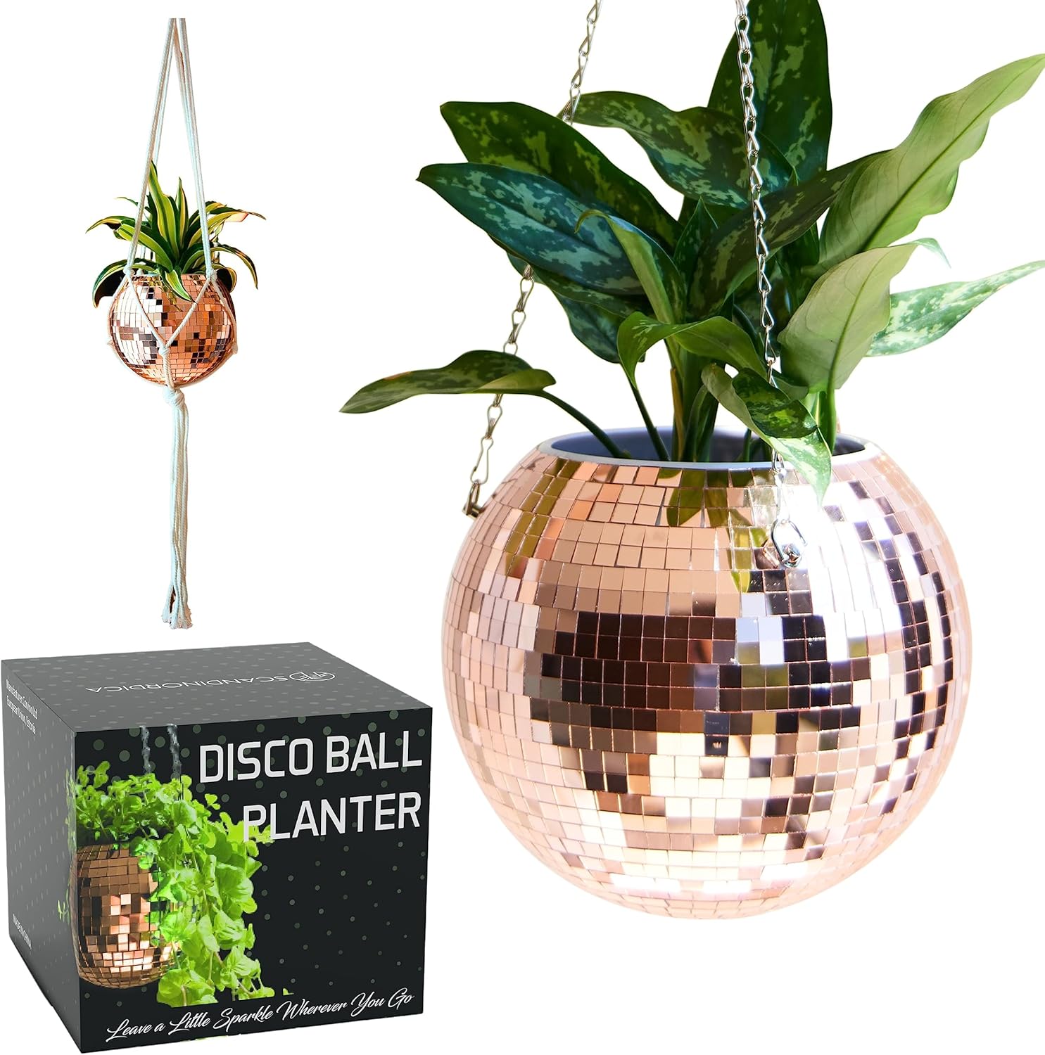 Disco Ball Planter with Chain and Macrame Hanger for Plants