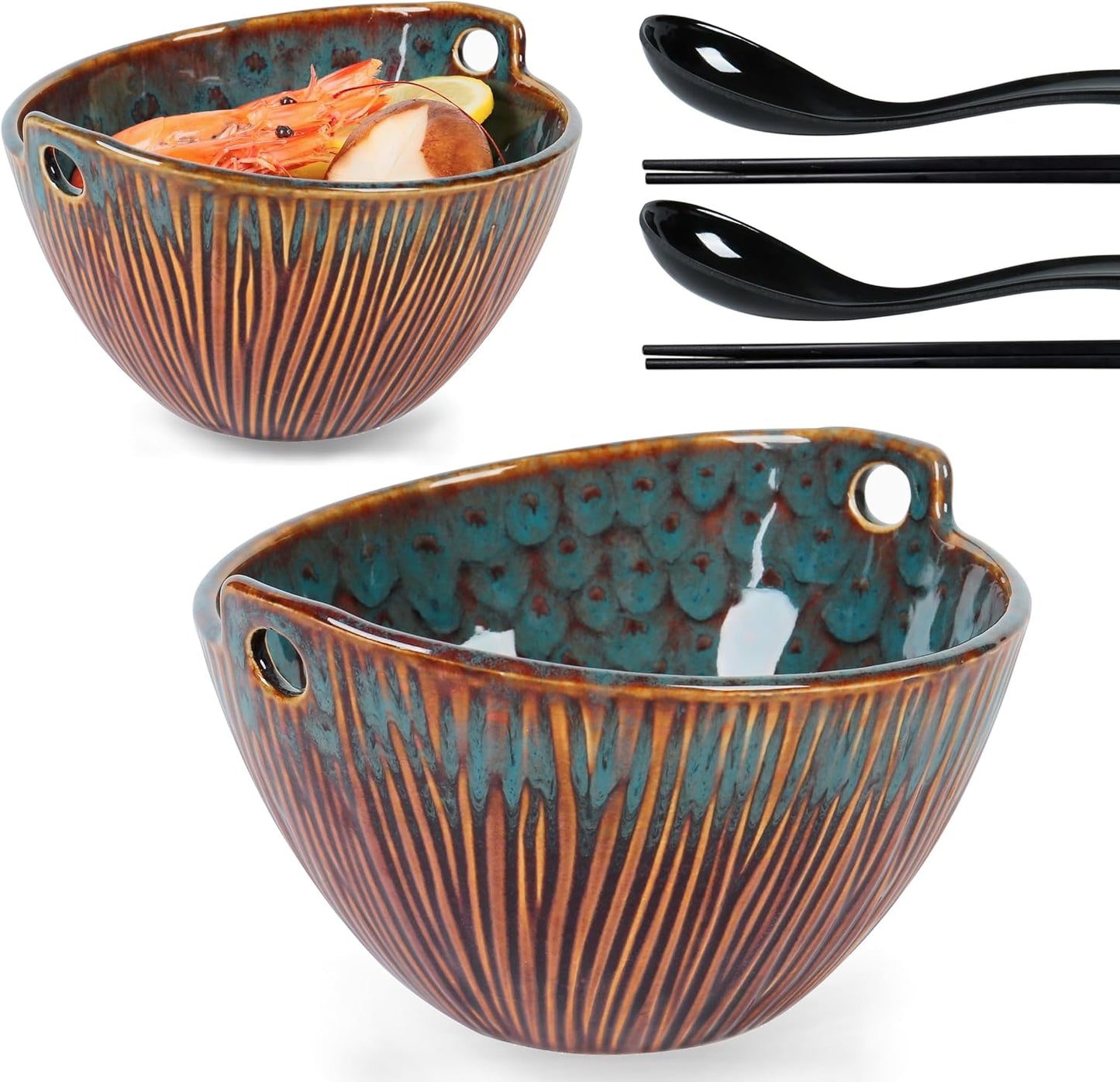 Japanese Ceramic Ramen Bowl Set - Microwave Safe, Stunning Peacock Green, 6.7inch