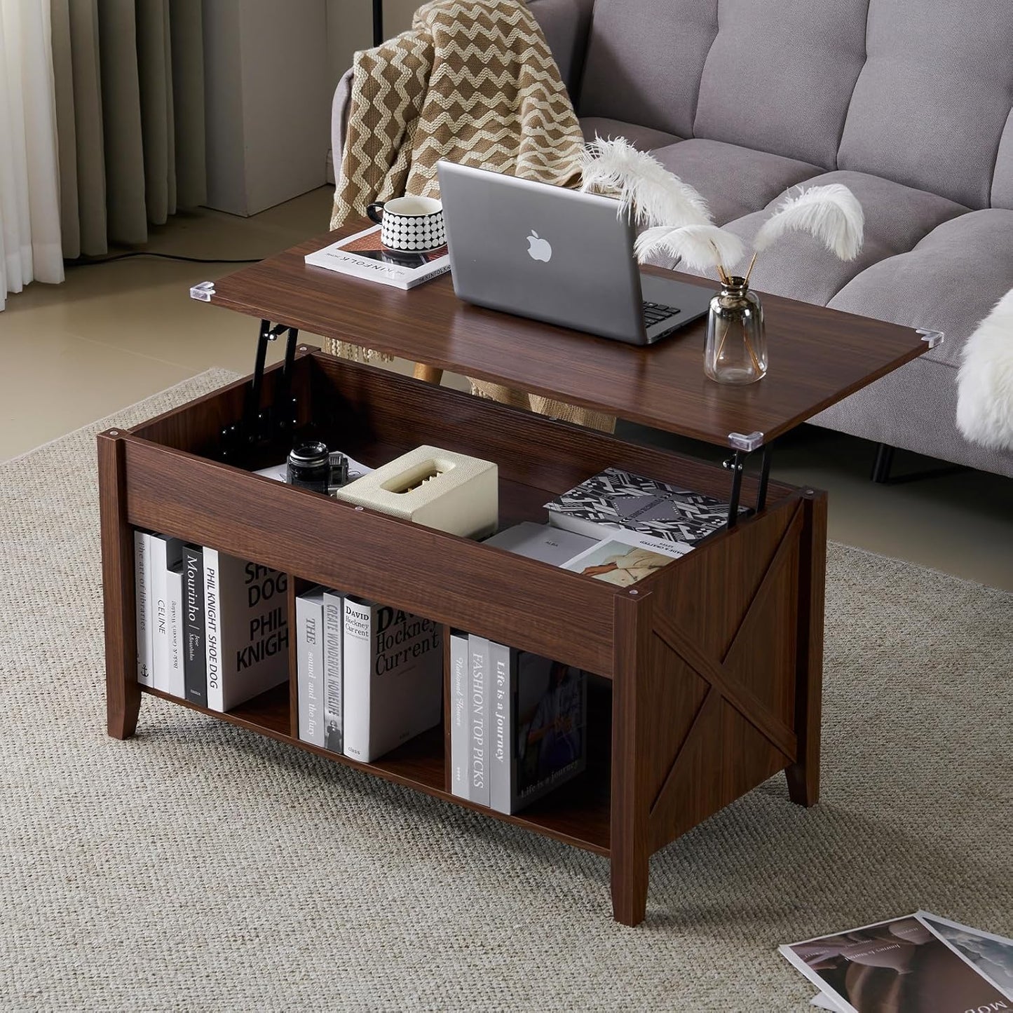 VINGLI Farmhouse Lift Top Coffee Table with Storage Compartment