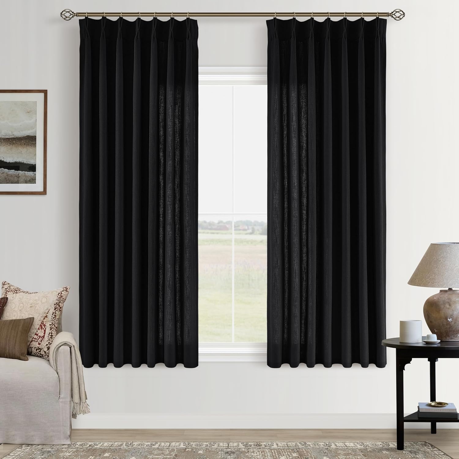 Black Pinch Pleated Semi Sheer Curtains for Elegant Spaces