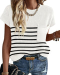 Cotton Short Sleeve Sweater for Women - Ribbed Crew Neck Vest
