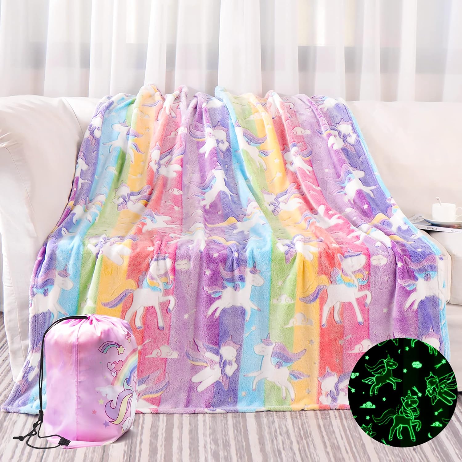 Unicorn Glow Blanket - Magical Girls Gift, Soft & Glowing 50x60 ~ Age 6-8, Bday Toy