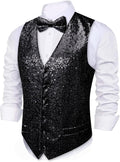 Mens Sequins Vest V-neck Waistcoat Bowtie Set - Shiny Prom Tuxedo