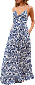 Women's Floral Maxi Dress Twisted V Neck Sleeveless - Summer Casual