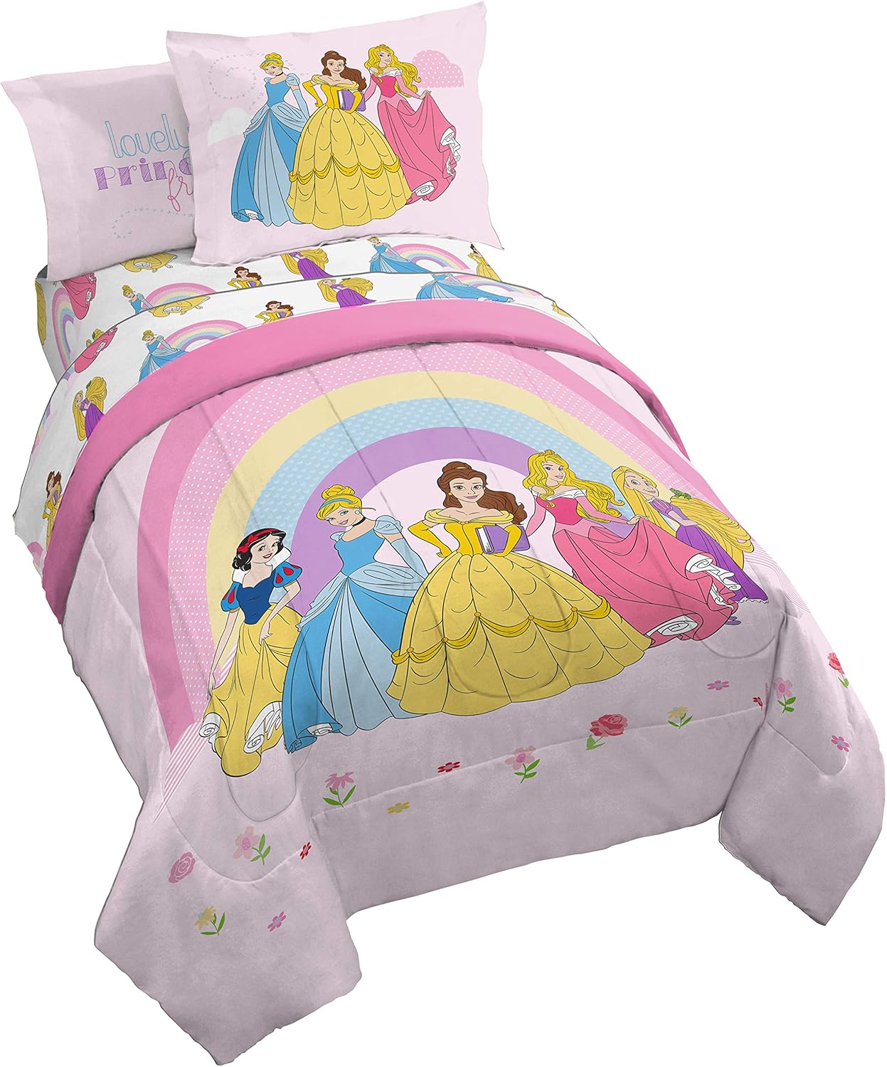 Disney Princess Rainbow Twin Bed Set - Comforter & Sheets