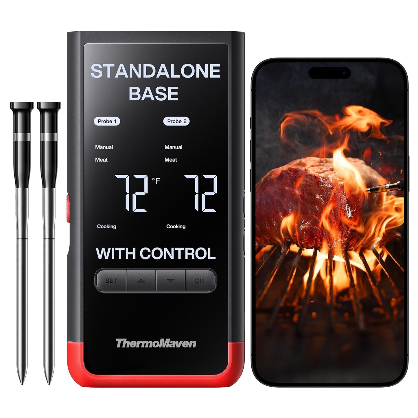 NIST Certified Smart Meat Thermometer: WiFi Range, 6 Sensors, 2 Probes (Red)
