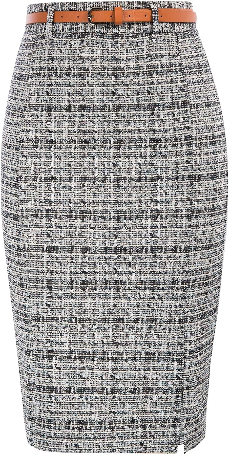 Tweed Pencil Skirt for Women with Slit and Belt - Elegant Style