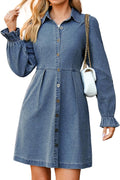 Womens Denim Dress Long Sleeve Babydoll Mini with Pockets - Trendy