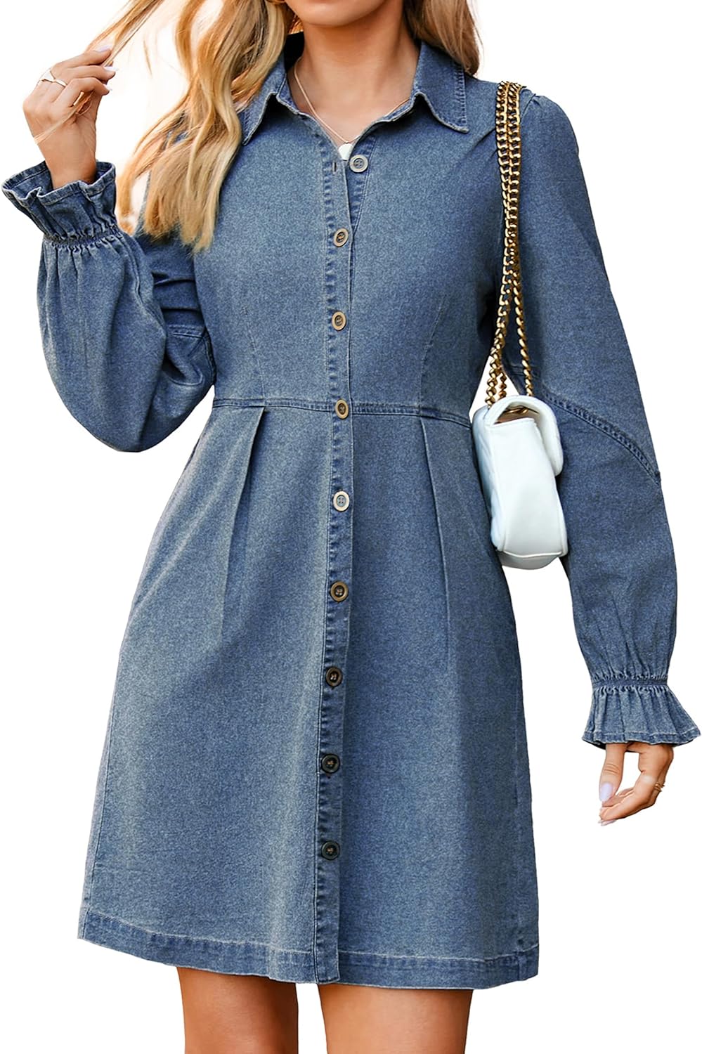 Simplee Womens Denim Dress Long Sleeve Chic Babydoll Style