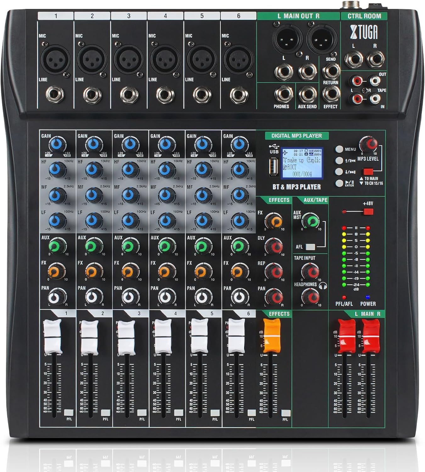 XTUGA 6 Channel Audio Mixer for DJ Live Recording Studio