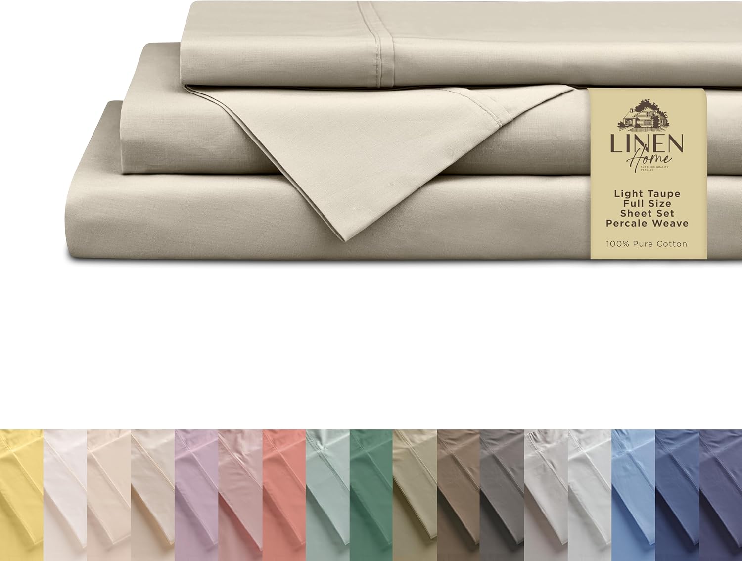 100% Cotton Percale Sheets Full Size Set in Light Taupe