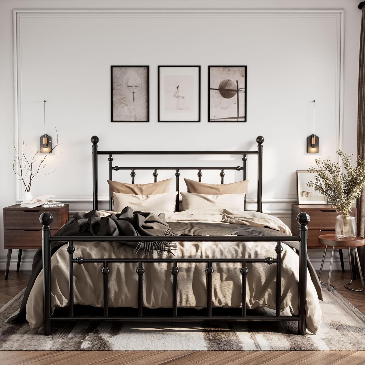 Full Size Metal Platform Bed Frame with Victorian Headboard