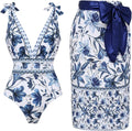 FLAXMAKER Blue and White Lace Up V Neck Swimsuit for Trendy Style