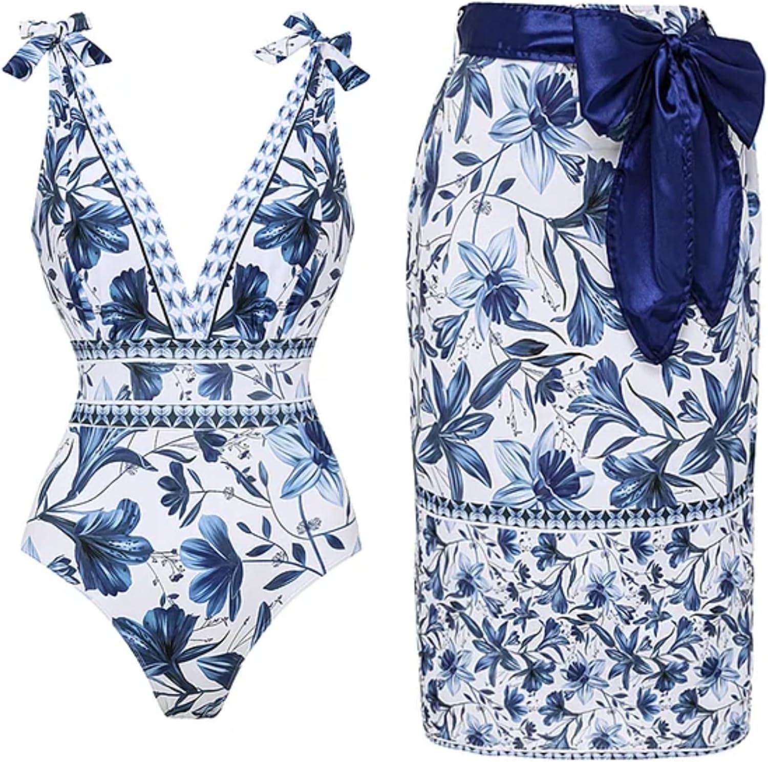 FLAXMAKER Blue and White V Neck Lace Up One Piece Swimsuit