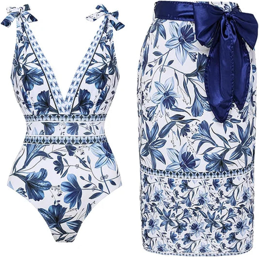FLAXMAKER Blue and White V Neck Lace Up One Piece Swimsuit