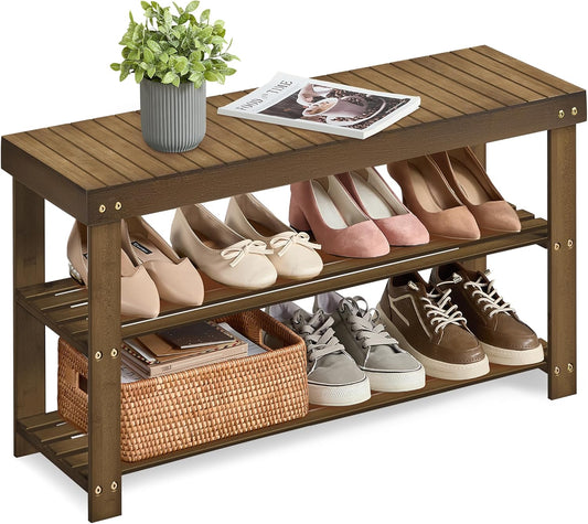 SONGMICS Shoe Rack Bench: Stylish 3-Tier Bamboo Organizer