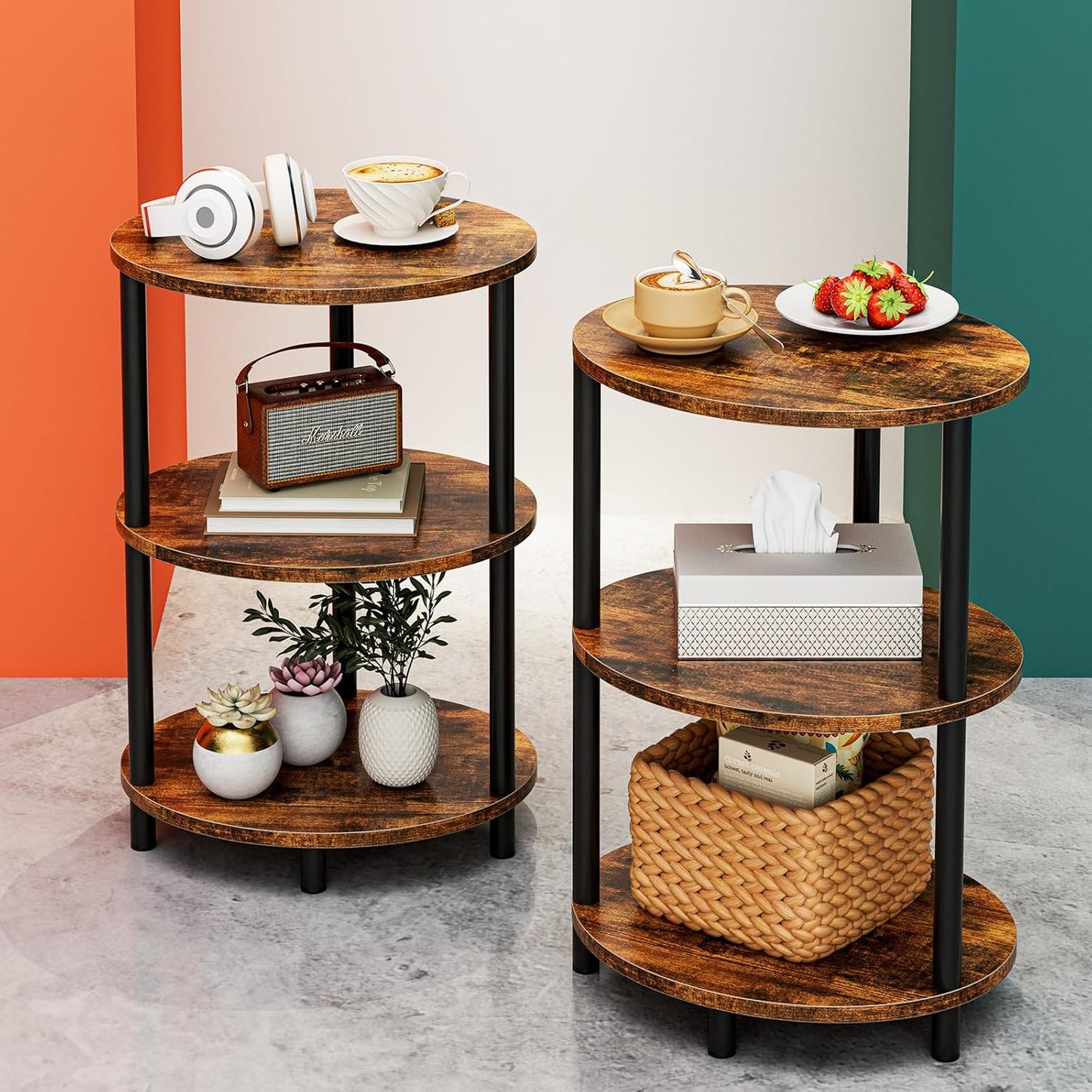Small Round Side Table - 3-Tier Rustic Accent Table for Home