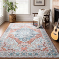 5x7 Washable Rug Light Blue and Terracotta Boho - Easy Care