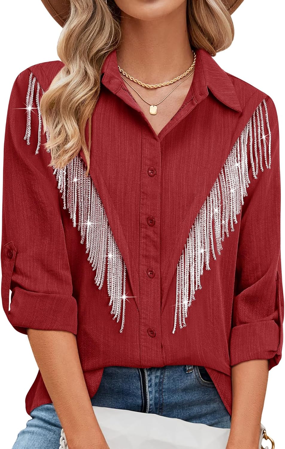 Sparkly Fringe Button Down Shirt for Country Concerts and More
