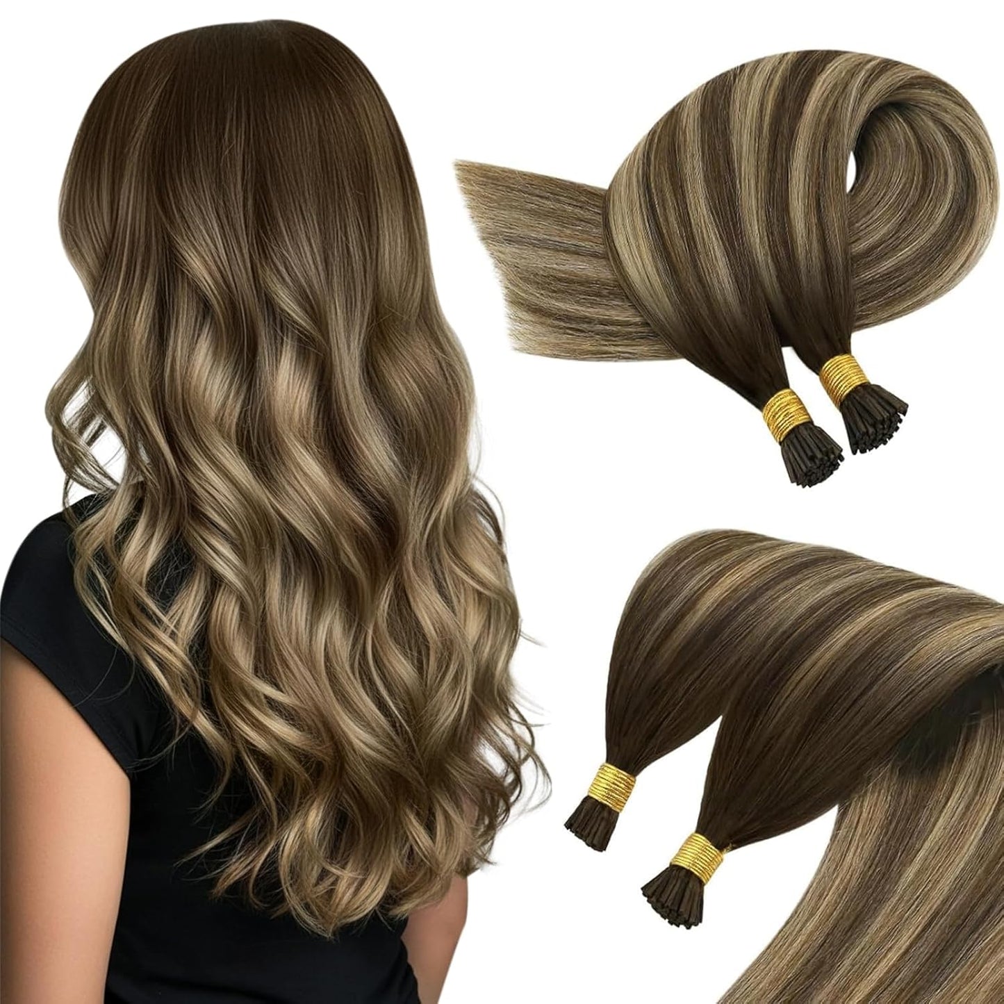I Tip Hair Extensions 18in Medium Brown Balayage Mix for Volume