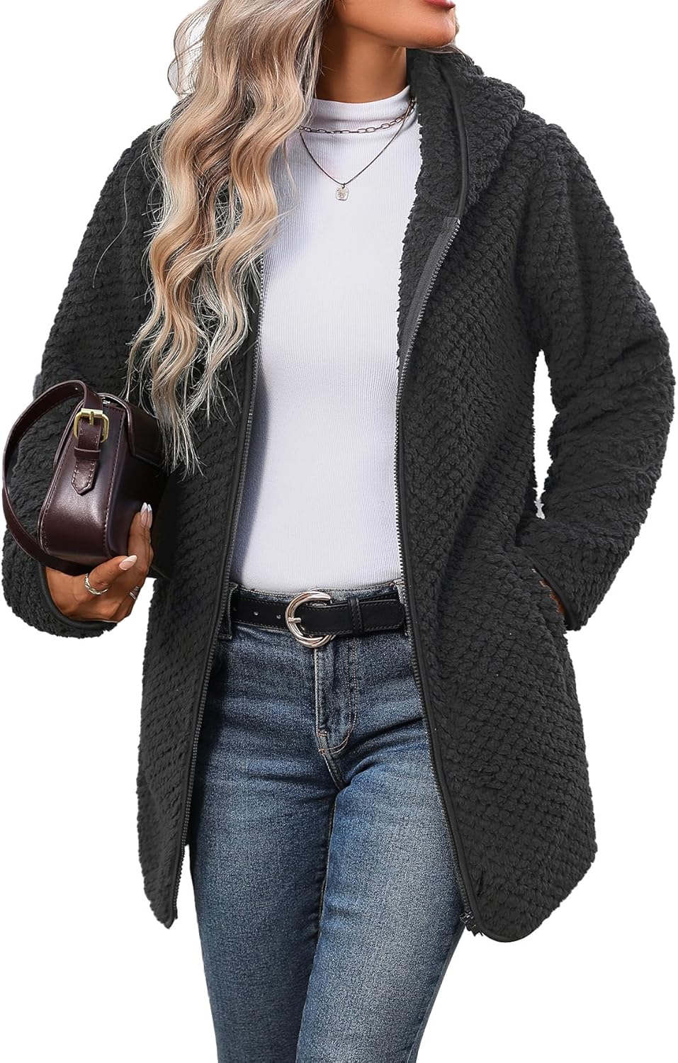 Womens Fleece Jacket Hooded Winter Warm Full Zip Long Sleeve
