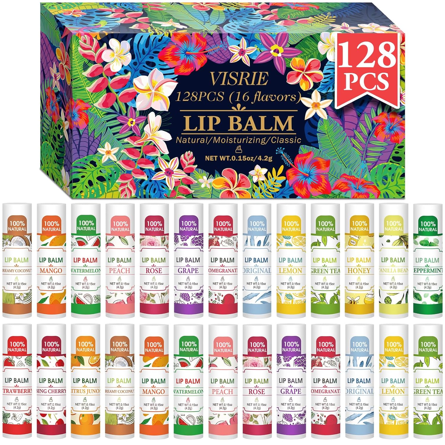 128 Pack Natural Lip Balm with Vitamin E and Coconut Oil