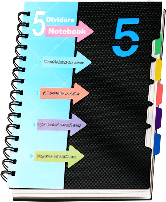 CAGIE 5 Subject Notebook 220 Pages with Dividers, A5 Spiral Journal - Efficient Organization!