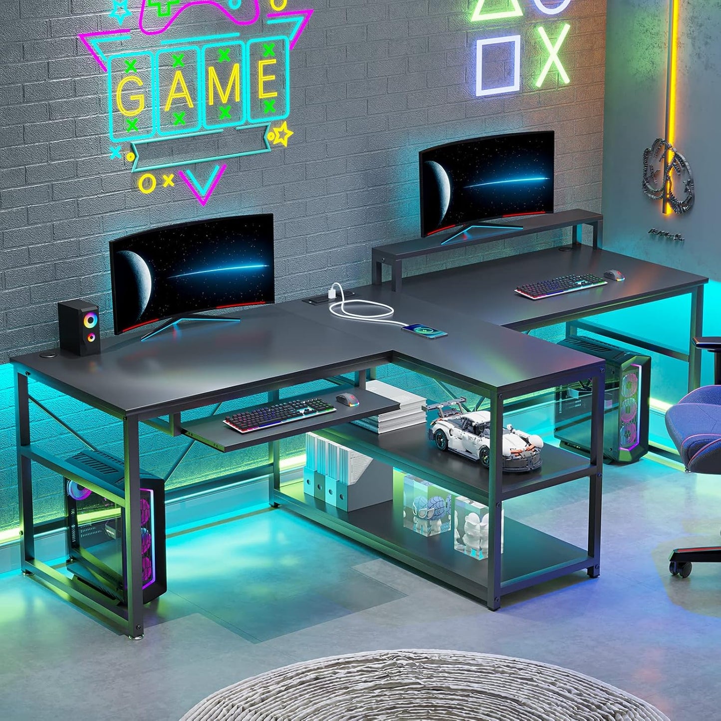 SEDETA 94.5 2-Person Gaming Desk with LED Lights and Storage