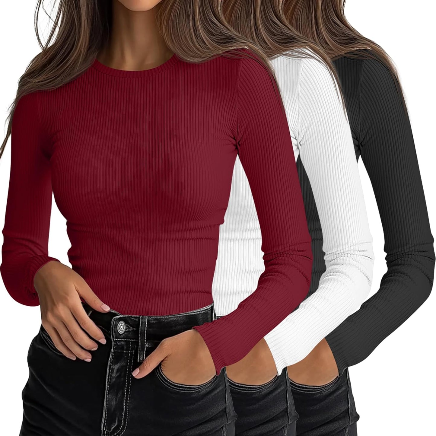 Ficerd Women's Ribbed Long Sleeve Tops for Casual Layering