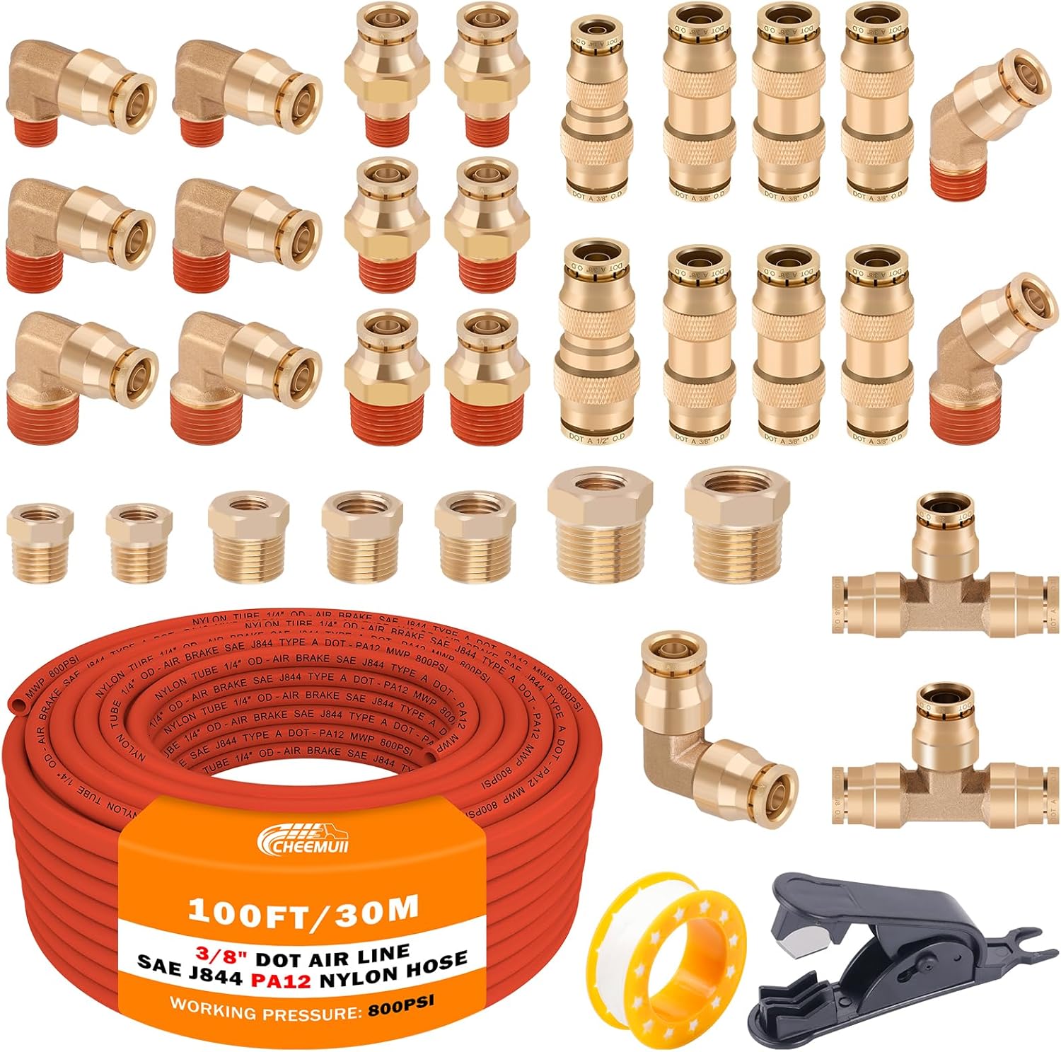 CheeMuii 3/8 Brass DOT Air Fittings and 100 FT Air Line Kit