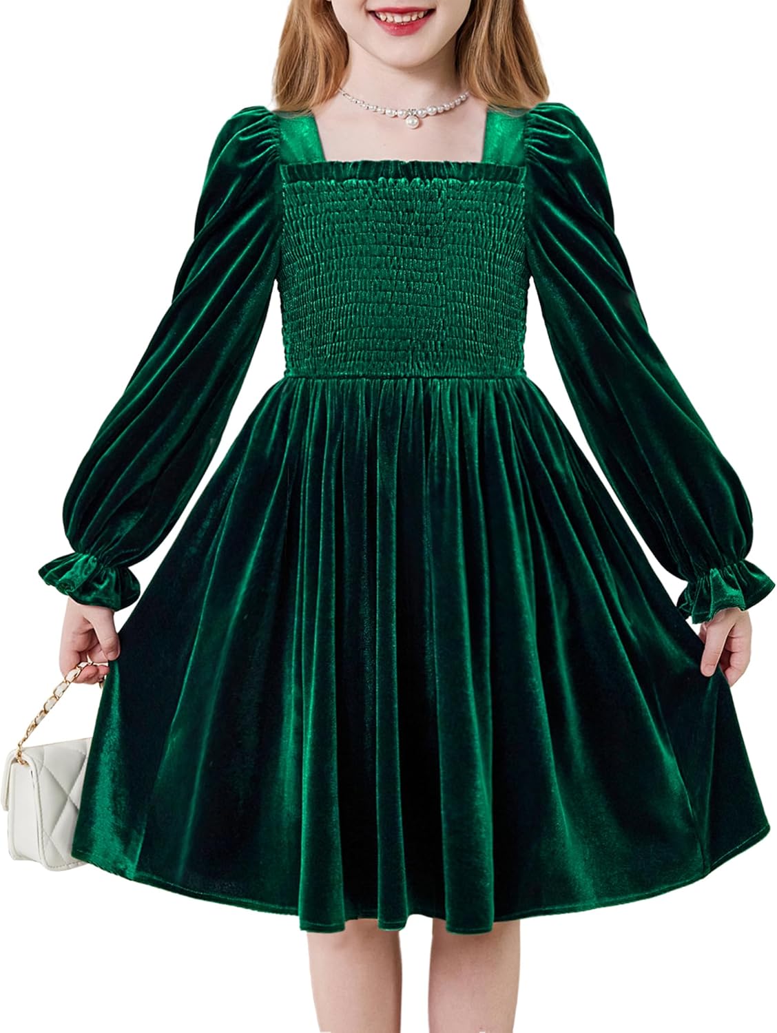 Toddler Velvet Dress for Girls with Pockets and Puff Sleeves