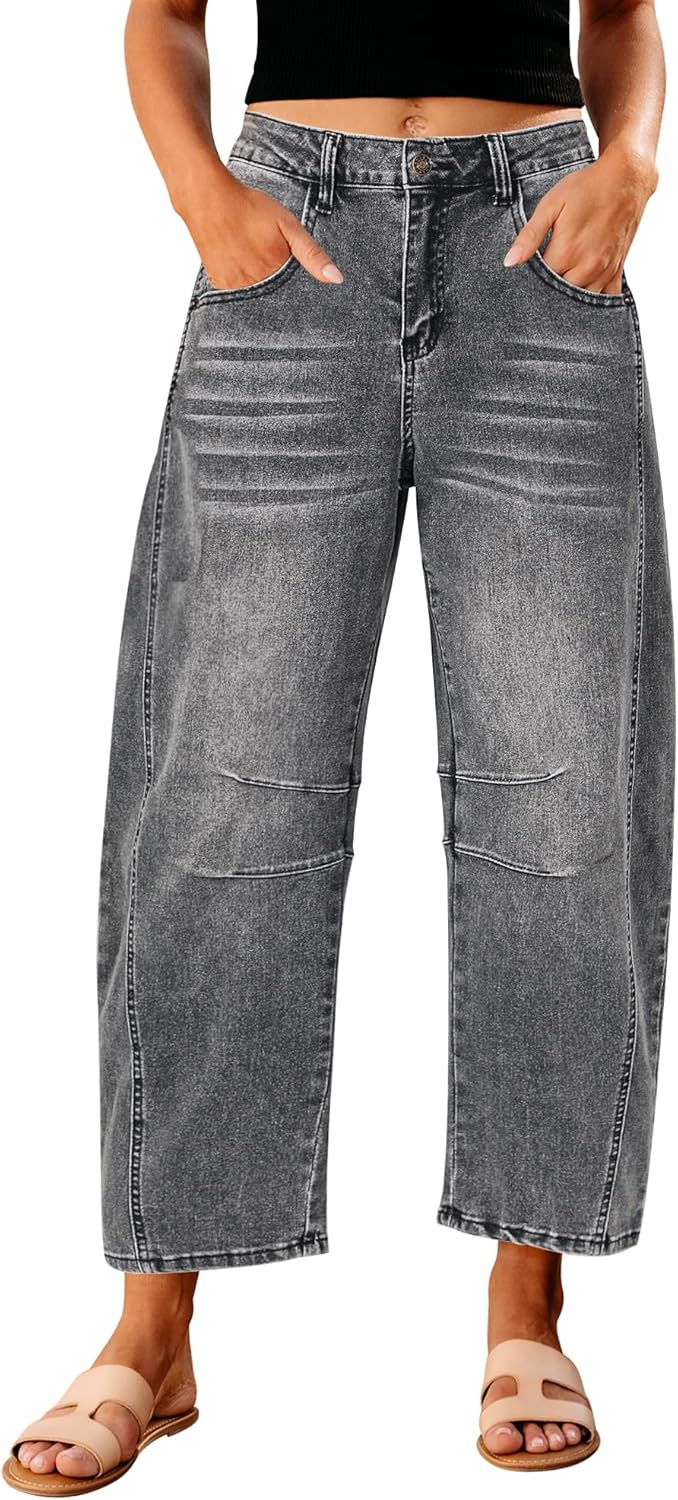 Trendy High Waisted Wide Leg Baggy Cropped Barrel Jeans